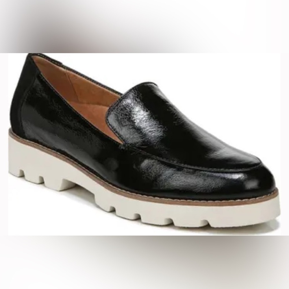 Vionic Black Patent Leather Lug Sole Loafers with White Platform